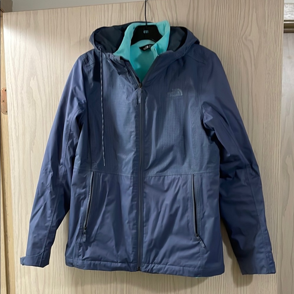The North Face slate gray and aqua double Hooded rain Jacket size medium